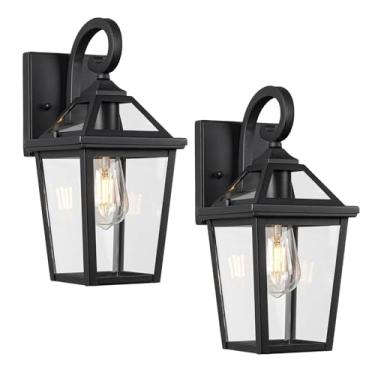 Imagem de Diyel Luminária colonial externa, arandelas de luz externa com vidro transparente para varanda frontal, lanterna de parede externa à prova d'água em acabamento preto para casa, pacote com 2