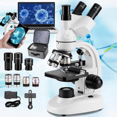 Imagem de MicroscóPio Triocular - Ocular De Grande Angular 10 X 25 X Fonte De Luz Led | MicroscóPio BiolóGico óPtico 40x-5000x Com Ocular EletrôNica/Bolsa De Armazenamento,White