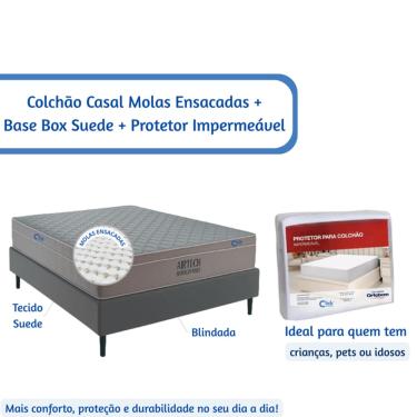 Imagem de Kit Colchão Ortobom Molas Ensacadas + Base Box Blindada Tecido Suede 138x188 + Protetor Impermeável