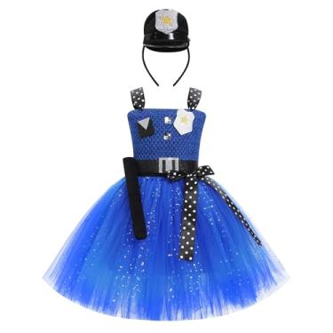 Imagem de ABEWIP Fantasia de Halloween para meninas, coelho, policial, cosplay, roupa com faixa de cabeça, babados, tule, tutu, vestido de Halloween para meninas policiais 6-7 anos