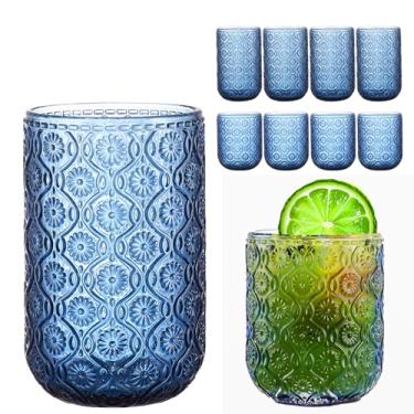 Imagem de FERAHI Conjunto de 8 copos de bebida azuis, copos Highball de 350 ml e copos de coquetel de 290 ml, conjunto de copos vintage Blue Kitchen, copos de vidro em relevo floral para água, cerveja, suco