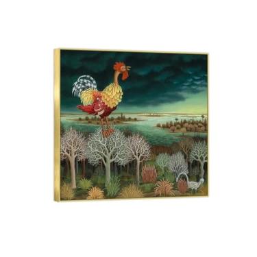 Imagem de BMZFYBS Arte de parede em tela reprodução de pintura famosa - imagens de moldura dourada para sala de estar - paisagem com galo - pôster e impressões 40 x 40 cm 16 x 16 pol