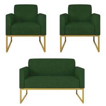 Imagem de Kit Namoradeira e 2 Poltronas Decorativas Base Industrial Dourada Maressa S23 Suede Verde - Ibiza