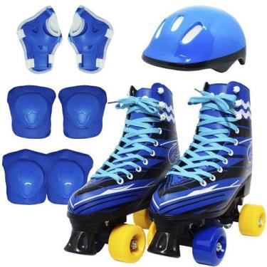 Imagem de Kit Patins Clássico Quad 4 Rodas Roller + Acessórios Masculino Azul Ta