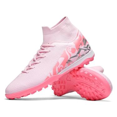 Imagem de Saynnie Chuteiras de futebol masculinas femininas para uso interno unissex cano alto AG TF botas de futebol juvenil beisebol rúgbi tênis de treinamento, 2606 Rosa Tf, 9.5 Women/8 Men