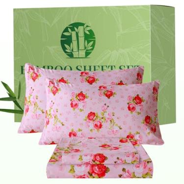 Imagem de Bedlifes Conjunto de lençóis King Floral 4 peças – lençóis refrescantes mistura raiom derivado de bambu, macio e respirável, bolso profundo 40,6 cm, resistente a rugas – Floral Boho vibrante em rosa