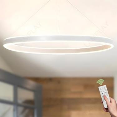 Imagem de Luminária pendente LED redonda regulável, altura ajustável, 3000K 6000K, controle remoto, moderna, branca, anel de teto, para hall de entrada, sala de estar, quarto, sala de jantar, cozinha,