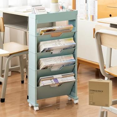 Imagem de FTOQWZXV Estante móvel, estante móvel com rodas, estante móvel exclusiva, carrinho utilitário multifuncional com suporte para caneta, para escritório, dormitório, sala de aula, berçário (azul 4)