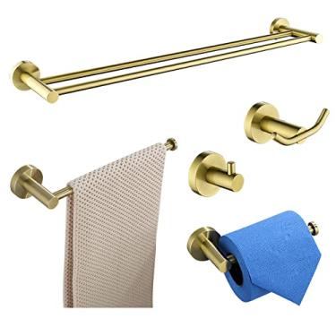Imagem de Acessórios de banheiro dourado escovado, toalheiro, escova de vaso sanitário, suporte de papel, gancho de barra de toalha, saboneteira, prateleira de parede, saboneteira (conjunto completo 04)