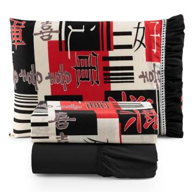 Imagem de Jogo Cama Lençol Fiore Solteiro Estampado 180 Fios 100% Algodão com Babadinho 3 Peças Preto Oriental Japonês