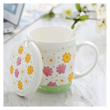 Imagem de WOTZOV Cerâmica requintada, caneca de chá, caneca de café, caneca de café de cerâmica com flores, 14 oz, conjunto de chávenas de chá de porcelana com tampa e colher a condizer, caneca grande para b