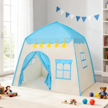 Imagem de LimitlessFunN Barraca infantil de tecido Oxford 420D com luzes de estrela, castelo grande de 129,5 x 101,6 cm para meninos e meninas, interior e exterior, azul
