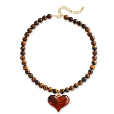 Imagem de FILMOON Colar de contas de pedra grossa âmbar bufante resina coração colar para mulheres - gargantilha boho vintage olho de tigre ajustável joia presente