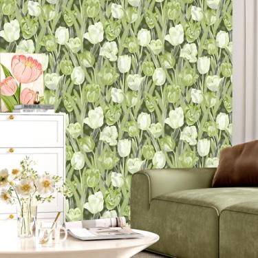 Imagem de Skyblur Papel de parede floral verde descasque e cole tulipa papel de contato floral aquarela papel de parede descascar e colar flor removível verde/branco papel de parede para quarto berçário sala de