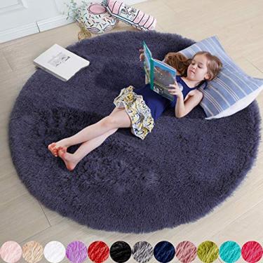 Imagem de Tapete cinza roxo para quarto, tapete circular fofo 1,5 m x 1,5 m para quarto de crianças, tapete peludo para quarto de adolescente, tapete circular felpudo para quarto de berçário, tapete de pelúcia felpudo para dormitório, tapete cinza, decoração de quarto bonito para bebê
