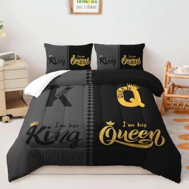 Imagem de AILONEN Conjunto de edredom preto e cinza, tamanho casal, estampa King e Queen, conjunto de cama para casal, decoração de coroa, conjunto de microfibra macia, 1 colcha + 2 fronhas, 3 peças