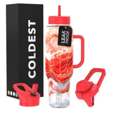 Imagem de Copo Coldest com alça e canudo - Copo isolado 100% à prova de vazamento com tampa e canudo (3 tampas) - Copos de aço inoxidável para mulheres e homens, base compatível com porta-copos, 1,304 g (marfim