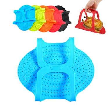 Imagem de 2Pcs, Levantador de peru resistente ao calor de silicone, Levantador de aves antiaderente reutilizável resistente ao calor Turquia assar Sling Forno Tapete para cozinhar em casa (Azul)