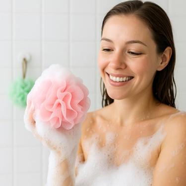 Imagem de Conjunto de esponja de bucha de banho de 2 peças - bolas de banho premium para adultos, esponjas de higiene e acessórios de banho ideais para homens e mulheres (rosa + verde)