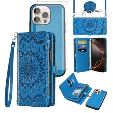 Imagem de Asuwish Capa de celular para iPhone 16 Pro 6,3 polegadas com zíper carteira destacável com protetor de tela de vidro temperado alça transversal mandala flor flip porta-cartão i Phone16 i16 16Pro