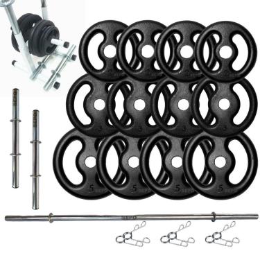Imagem de Kit de Anilhas Ferro + 40Kg + 2 Barras 40cm + 1 Barra 120cmcom Suporte-Unissex