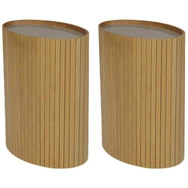 Imagem de Kit 2 Mesa Apoio Lateral Oval Tampo Vidro Glow Madeira Amendoa Nacc Am