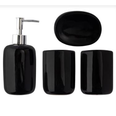 Imagem de Conjunto de Banheiro Moderno em Cerâmica, 4 Peças, Dispensador de Sabonete Líquido, Porta Escova, Saboneteira, Preto e Branco (PRETO)