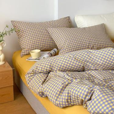 Imagem de mixinni Conjunto de edredom casal, xadrez amarelo/roxo, 3 peças, 1 edredom vintage com 2 fronhas para todas as estações, lençol macio e fofo com estampa de grade moderna, tamanho casal