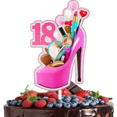 Imagem de Topo de bolo de maquiagem de salto alto feliz aniversário de 18 anos, batom, sombra para os olhos, decoração de pincel de maquiagem, festa de aniversário de menina, suprimentos de decoração de perfume
