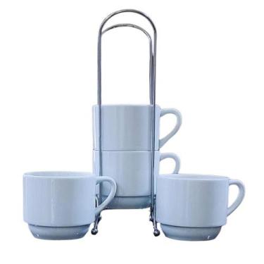 Imagem de Kit Jogo 4 Xícaras de Café/Chá Empilháveis com Suporte - Porcelana Bra