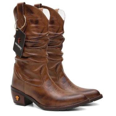 Imagem de Bota Texana Bico Fino Feminina Couro Enrugada Café - Made in Franca, C