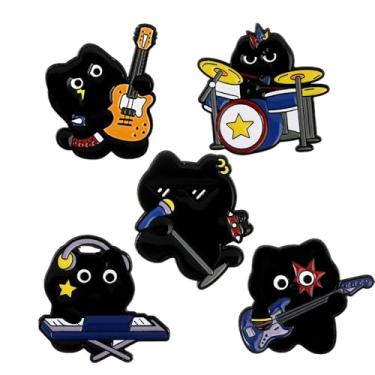 Imagem de Broche de banda de música de gato preto para mulheres e homens, conjunto de 5 peças, criativo, fofo, engraçado, guitarra, piano, tambores, alfinetes, esmalte, animal, broches, lapela, crachá, jaqueta