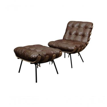 Imagem de Poltrona E Puff De Couro Costela Marrom Bicolor - Mempra