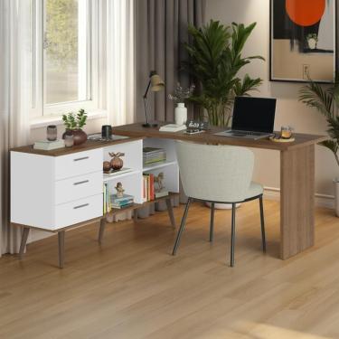 Imagem de Mesa De Estudos Em L 3 Gavetas Branco/rustic Lisboa Madesa