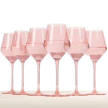 Imagem de Colorsavant Conjunto de 6 taças de vinho rosa elegantes - copos de haste longa em forma de tulipa soprada à mão - 425 g taças de vinho rosa para mulheres, casamento, festa, presente de dama de honra