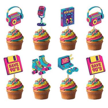 Imagem de 90's Cupcake Topper Decorations for Birthday Parties (24 pcs) – Retro-Themed Cake Picks Featuring Cassette Tapes, Boom Boxes, Neon Shapes – Nostalgic Party Supplies -old memories Themed Decoration