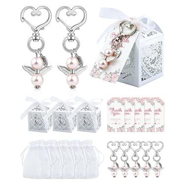 Imagem de YETOOME 100 peças de lembrancinhas de chá de bebê para meninas, chaveiros de anjo, caixas de lembrancinhas de batismo, sacos de organza branca com cordão, etiquetas de agradecimento para chá de bebê,