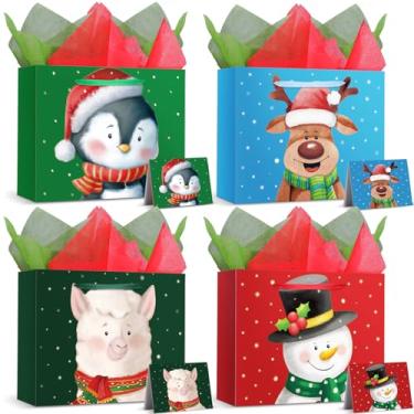Imagem de Pajean 4 conjuntos de sacolas grandes de presente de Natal com papel de seda e cartão comemorativo de 33 x 25 x 12 cm, bolsa de presente de Natal com alça fofa bolsa de papel para lembrancinhas de