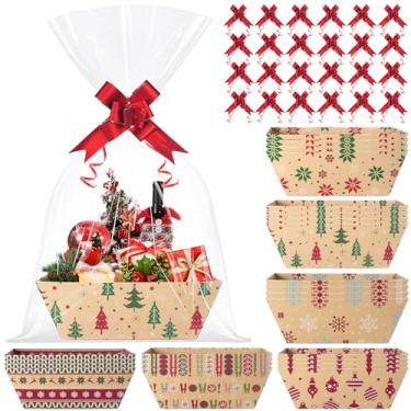Imagem de Conjunto de 24 cestas de presente de Natal vazias 25 x 18 cm, cestas de papel kraft para presentes de Natal com sacos de celofane e laços vermelhos, embrulho reutilizável para artigos de festa de