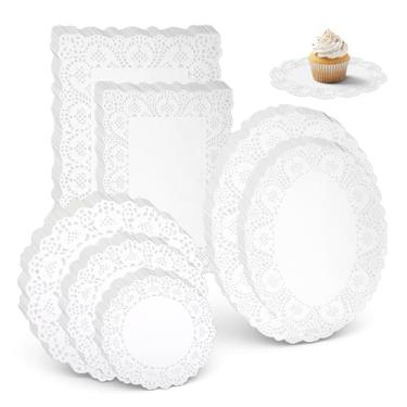 Imagem de YBEATY 1050 peças de papel descartáveis tamanho sortido jogo americano decorativo de renda branca retangular carregadores ovais redondos para mesas de festa, pratos de jantar, bandeja de bolo de