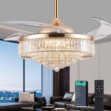 Imagem de PAFRUMGE Ventilador de teto de cristal de 132 cm com luz e controle remoto, lustre dourado moderno com lâminas retráteis invisíveis, ventilador de teto de lustre regulável para quarto, sala de estar
