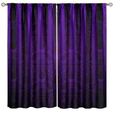 Imagem de Cortinas góticas roxas e pretas, listras geométricas abstratas, tratamentos de janela florais para quarto, sala de estar, cozinha, café, decoração, conjunto de 2 painéis, tamanho total 106 x 114 cm
