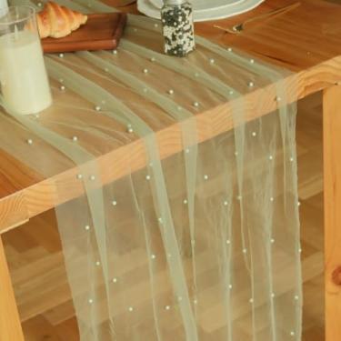 Imagem de Psasrm Conjunto de 1 corredor de mesa de pérola de 3 m, 73 x 300 cm, toalha de mesa verde pérola de tule transparente, caminho de mesa para festa de casamento, chá de bebê, aniversário, decoração de