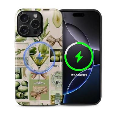 Imagem de Zhhoya Capa para iPhone 16 Pro, Dirty Martini Vintage Matchbox Colagem Padrão Impressão Brilhante Compatível com Magsafe Capa Rígida Híbrida de 2 Camadas Proteção para Meninas Mulheres Meninos Homens