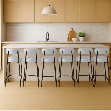 Imagem de Banqueta Cozinha Média com Encosto Industrial Preto Kit 6 Londres PU Branco D03 - D'Rossi