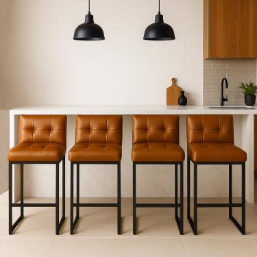 Imagem de Banqueta Cozinha Alta com Encosto Industrial Kit 4 Preto Lirina PU Whisky C05 - D'Rossi