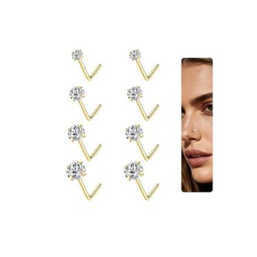 Imagem de Conjunto de anéis de nariz hipoalergênicos banhados a ouro 14K para mulheres e homens: anéis de nariz clicker de aço inoxidável 316L, delicado CZ em forma de L/saca-rolhas/reto/transparentes, joias de