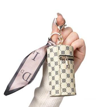 Imagem de Mini estojo de batom com chaveiro, mini porta-moedas retrô para mulheres, organizador de batom de viagem com chaveiro para mulheres, Off White