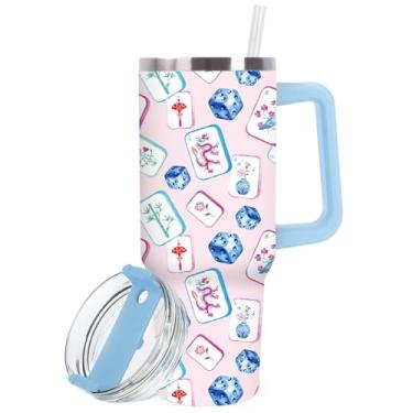 Imagem de JarThenaAMCS Copo Mahjong com tampa e canudo copo de aço inoxidável 1,134 g rosa azul Mahjong Tile Dice Tumbler com alça para jogo noite chá de panela aniversário casa escritório viagem