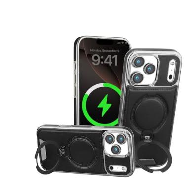 Imagem de SFDSUH Capa de couro premium com suporte magnético giratório em metal para iPhone 16e (Preta)